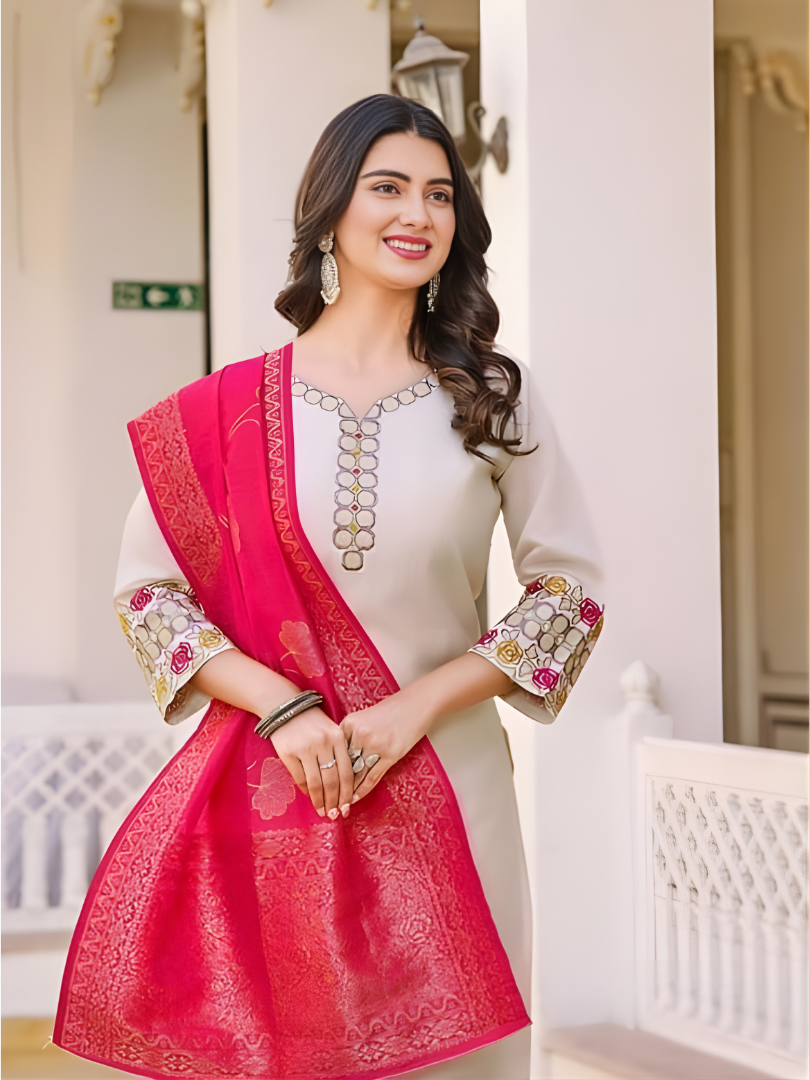 Elegant Off-White Silk Kurta Set With Dupatta