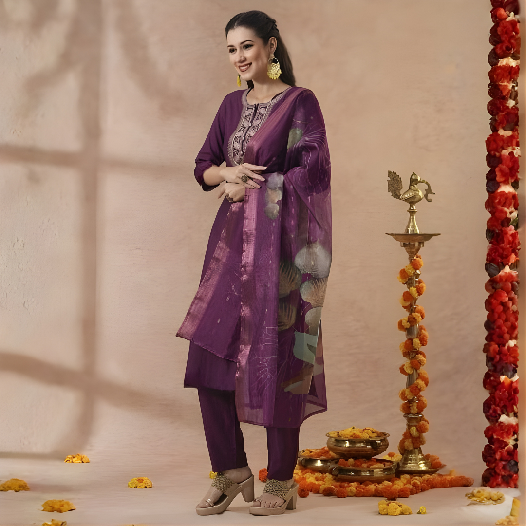 Embroidered Dark Purple Kurta Set With Dupatta