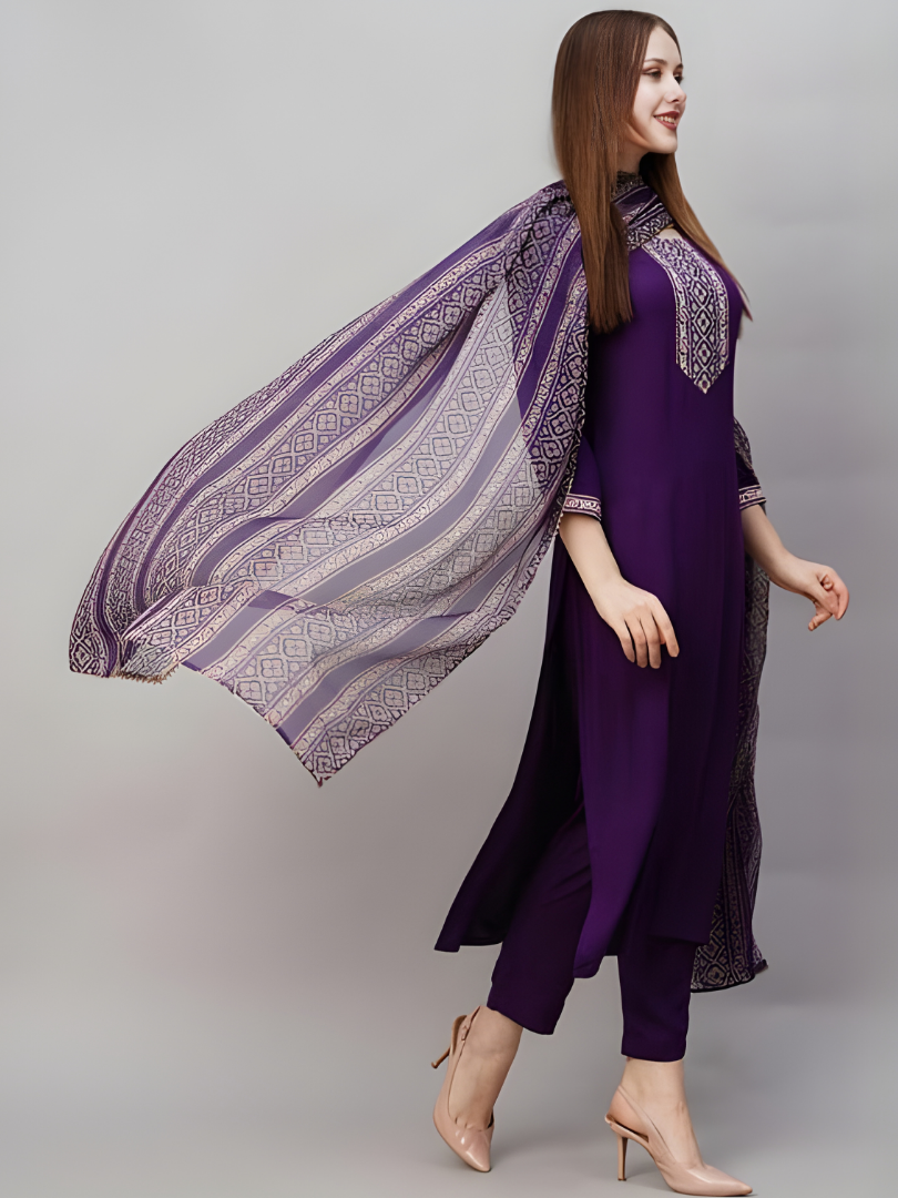 Embroidered Deep Purple Kurta Set With Dupatta