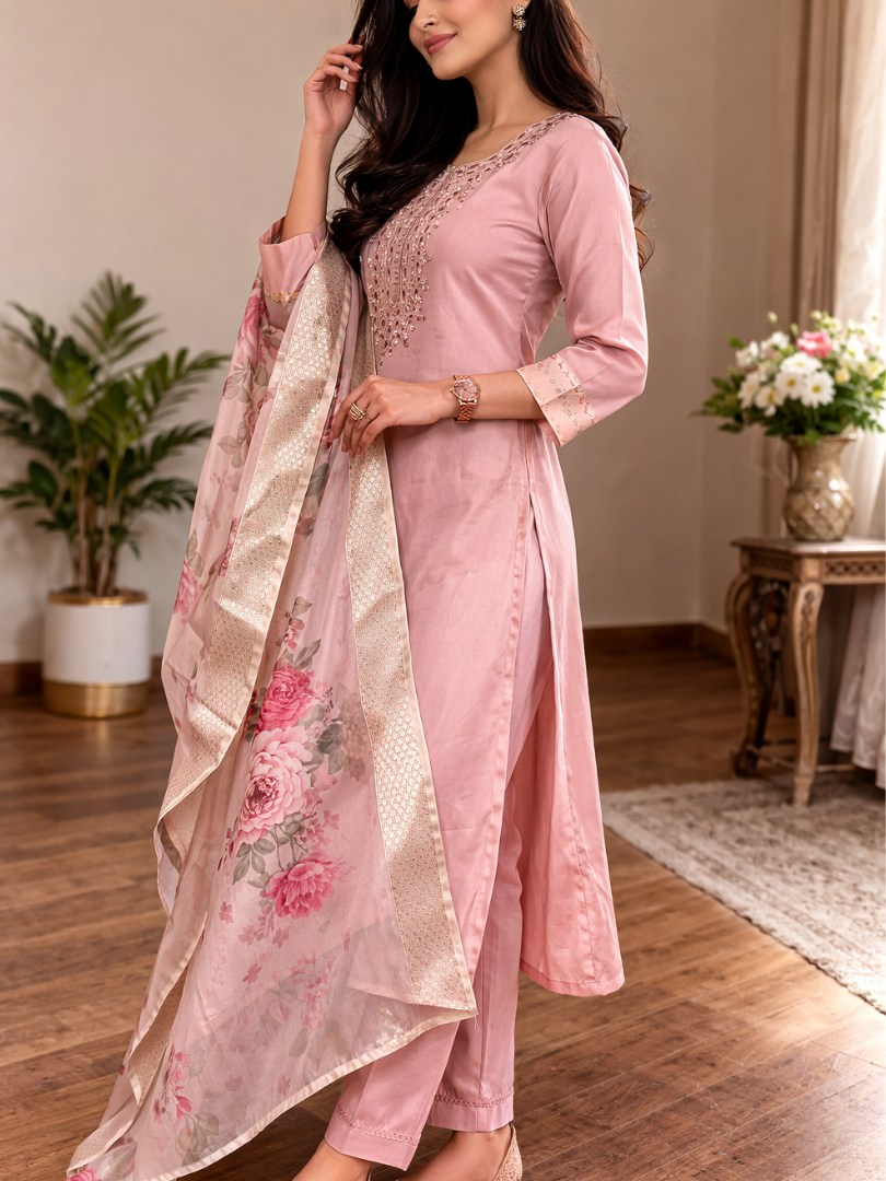 Blush Pink Embroidered Kurta Set With Dupatta