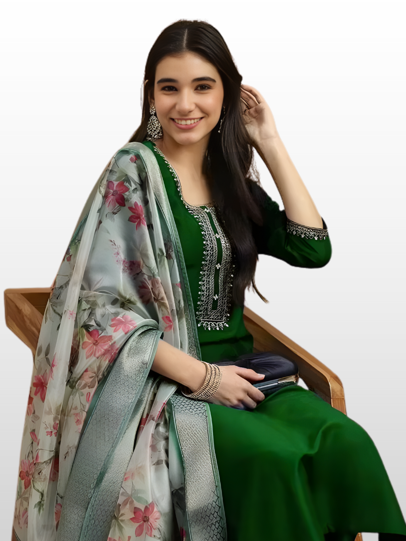 Green Embroidered Kurta Pant Dupatta Set