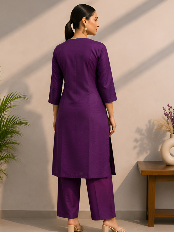 Women's Purple Embroidered Straight Kurta with Trousers Set