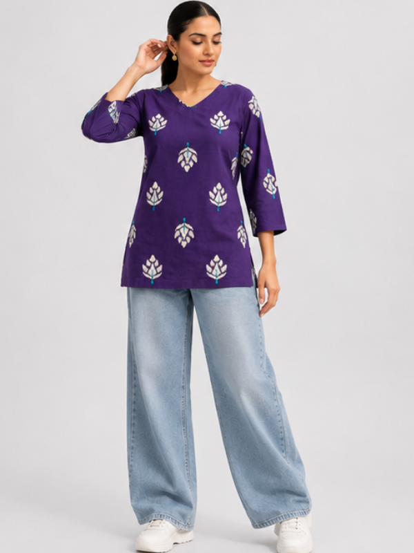 Indigo Printed V-Neck Short Kurti
