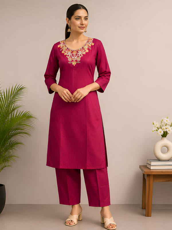 Embroidered Magenta Kurta & Pant Set