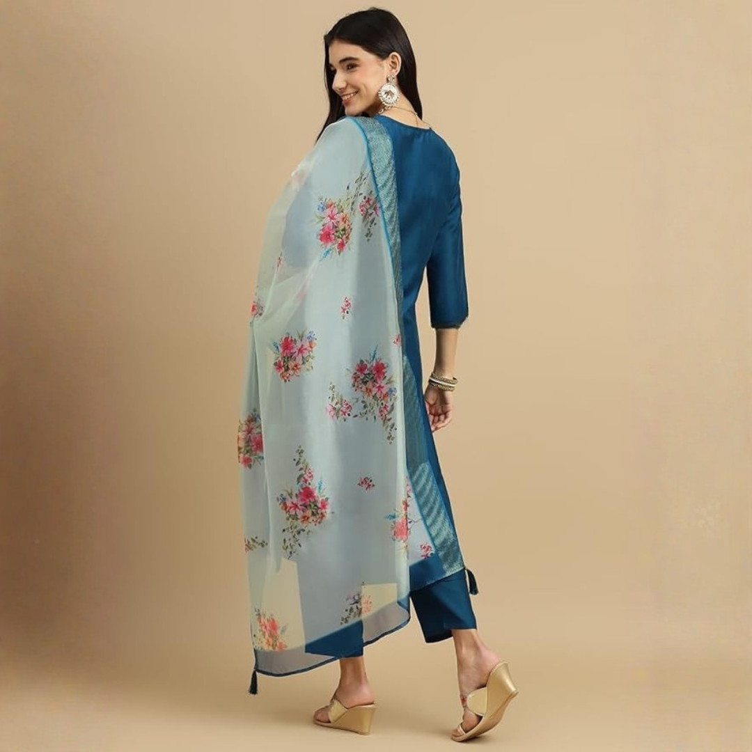 Teal Blue Embroidered Kurta Set With Dupatta
