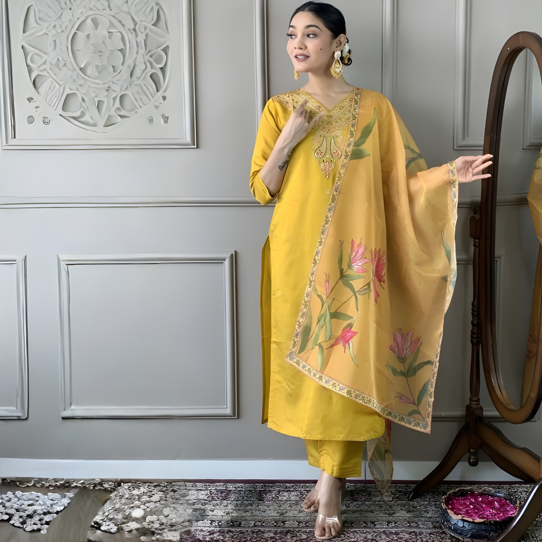 Yellow Floral Embroidered Kurta Set With Dupatta