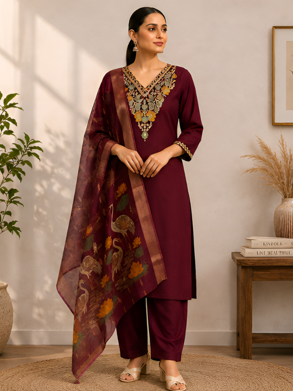 Embroidered Maroon Silk Kurta Set With Dupatta