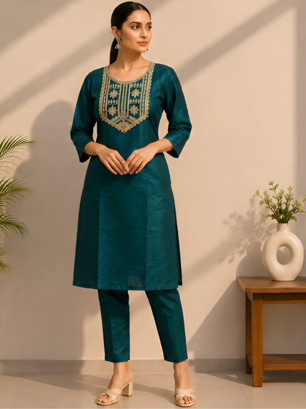 Women's Elegant Teal Embroidered Kurta Pant Set