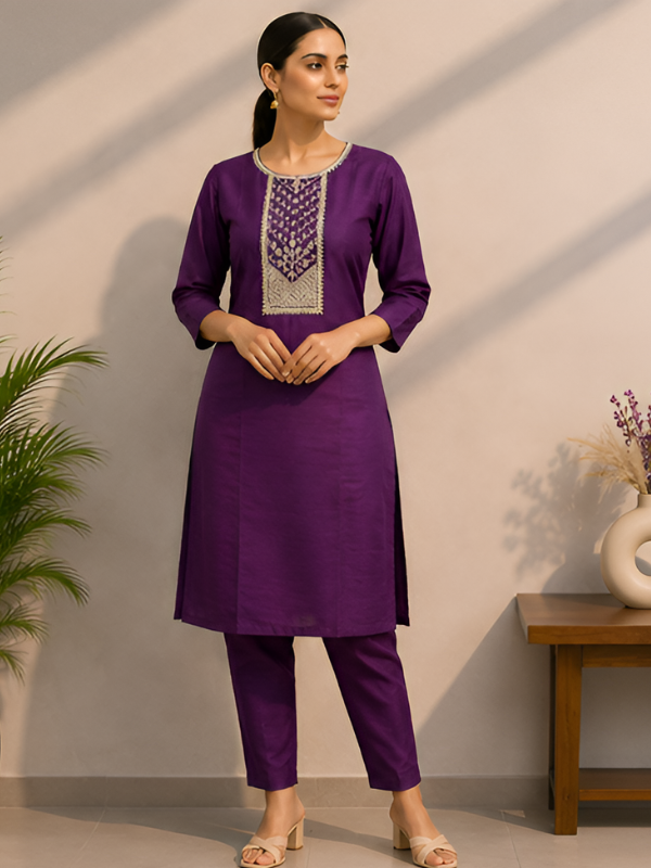 Women's Purple Embroidered Straight Kurta with Trousers Set