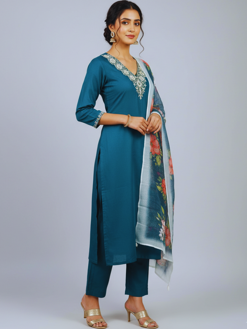 Teal Embroidered Kurta Set with Dupatta