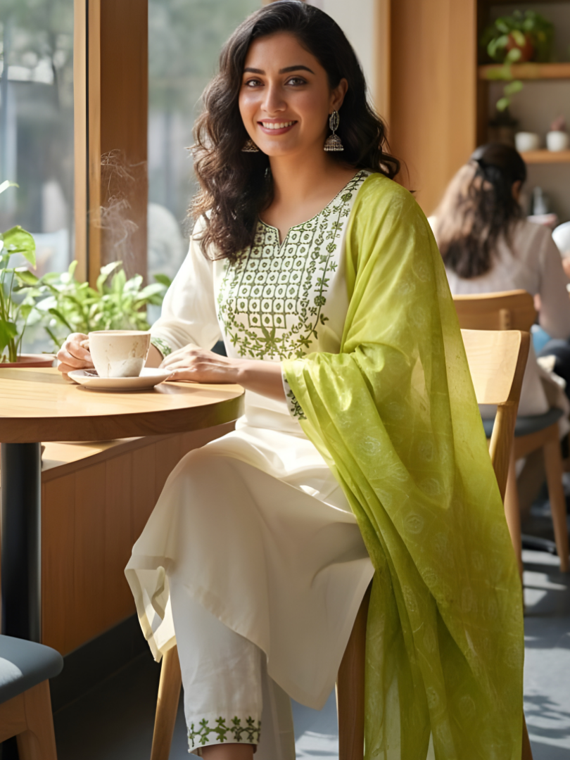 Embroidered White Kurta Pant Set With Dupatta