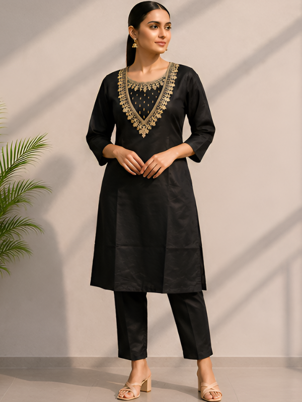 Elegant Black Zari Embroidered Kurta Pant Set