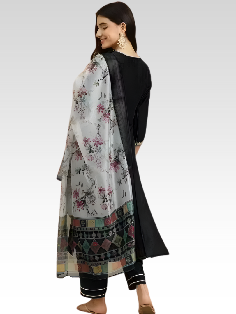 Embroidered Black Kurta Set With Dupatta