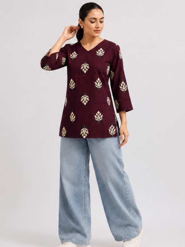 Burgundy Bloom Short Kurti