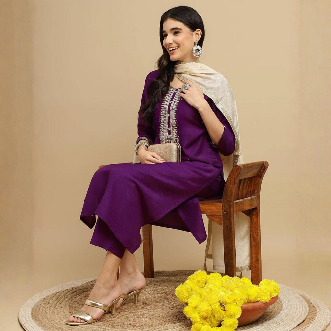 Elegant Embroidered Purple Kurta Set With Dupatta