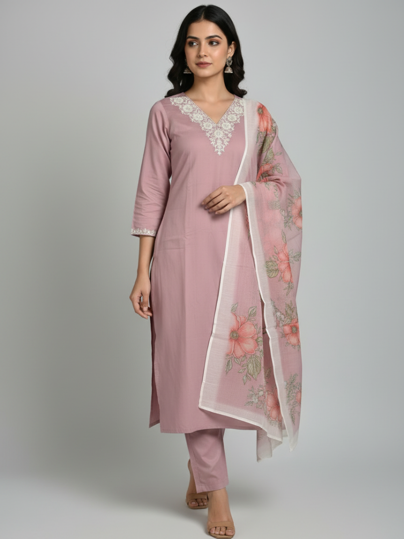 Mauve Embroidered Kurta Pant Set With Dupatta