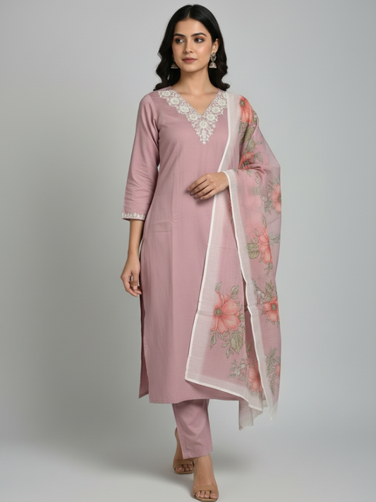 Mauve Embroidered Kurta Pant Set With Dupatta