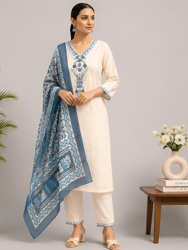 Embroidered Cotton Kurta Dupatta Set
