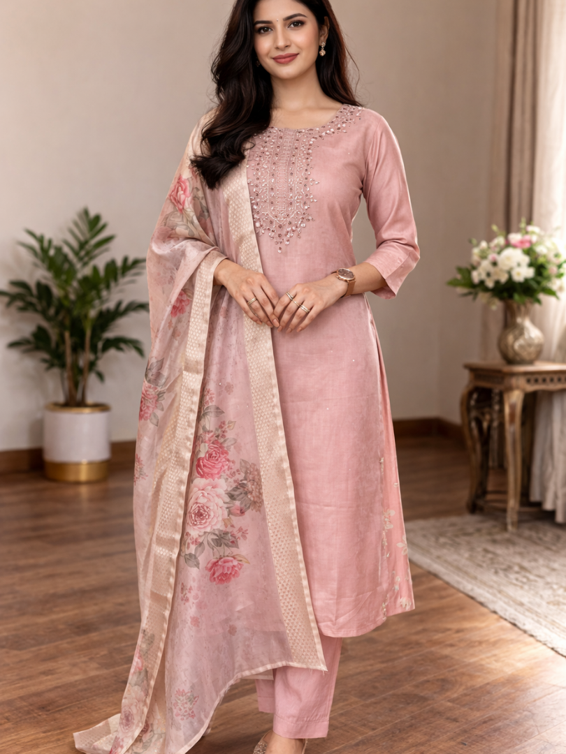 Blush Pink Embroidered Kurta Set With Dupatta