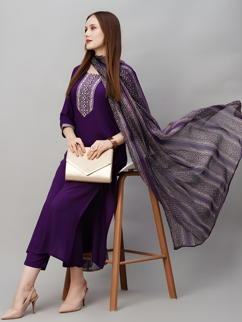 Embroidered Deep Purple Kurta Set With Dupatta