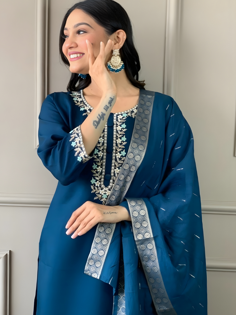 Teal Embroidered Kurta Pant Set With Dupatta