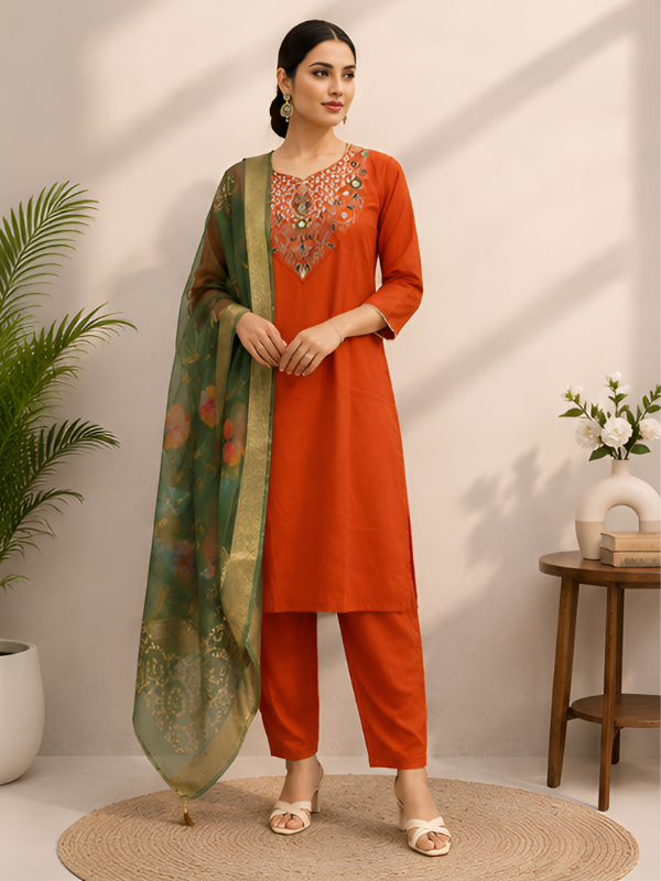 Embroidered Rust Orange Kurta Set With Dupatta