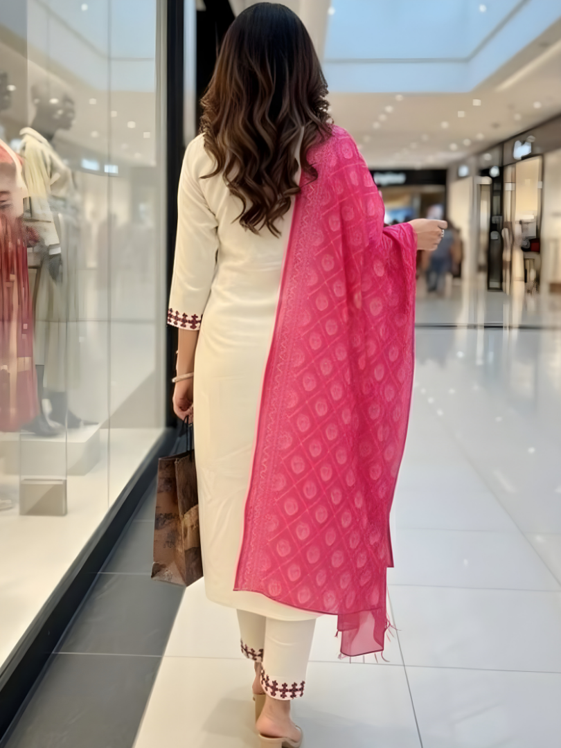 Embroidered Cream and Pink Kurta Set With Dupatta