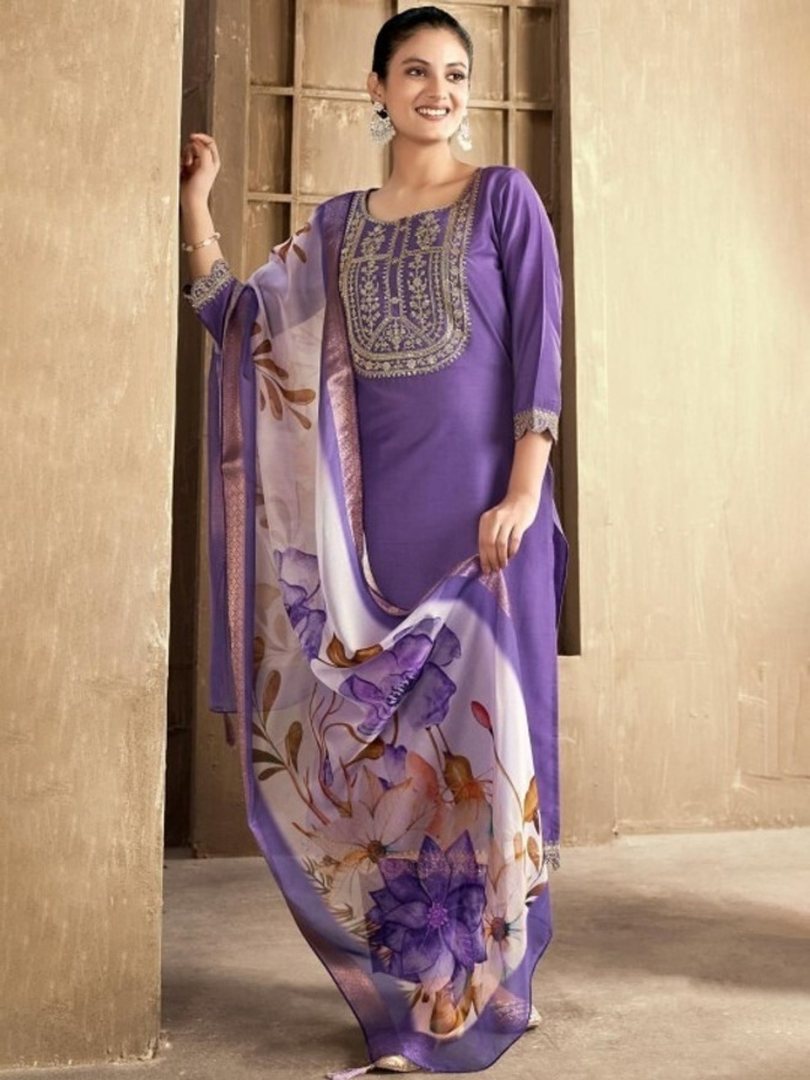 Elegant Purple Embroidered Kurta Set With Dupatta