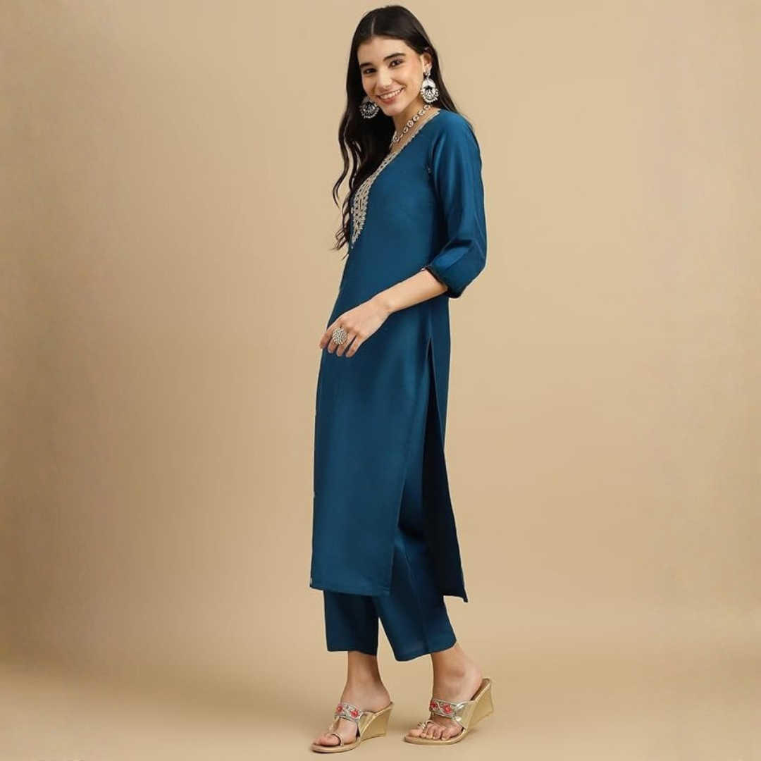 Teal Blue Embroidered Kurta Set With Dupatta