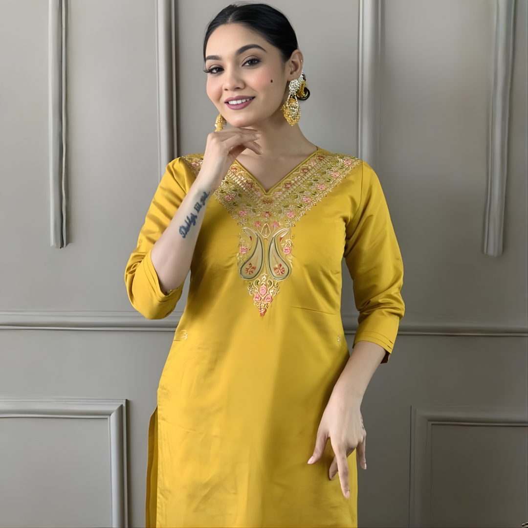 Yellow Floral Embroidered Kurta Set With Dupatta
