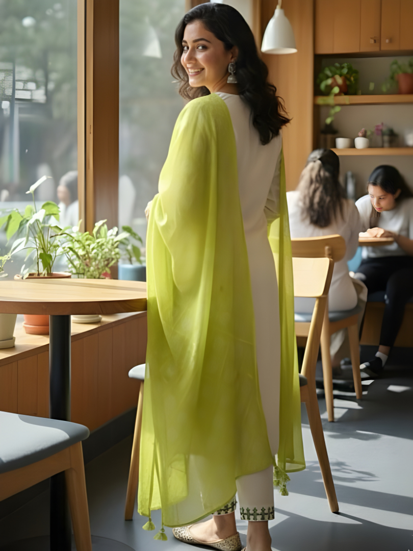 Embroidered White Kurta Pant Set With Dupatta