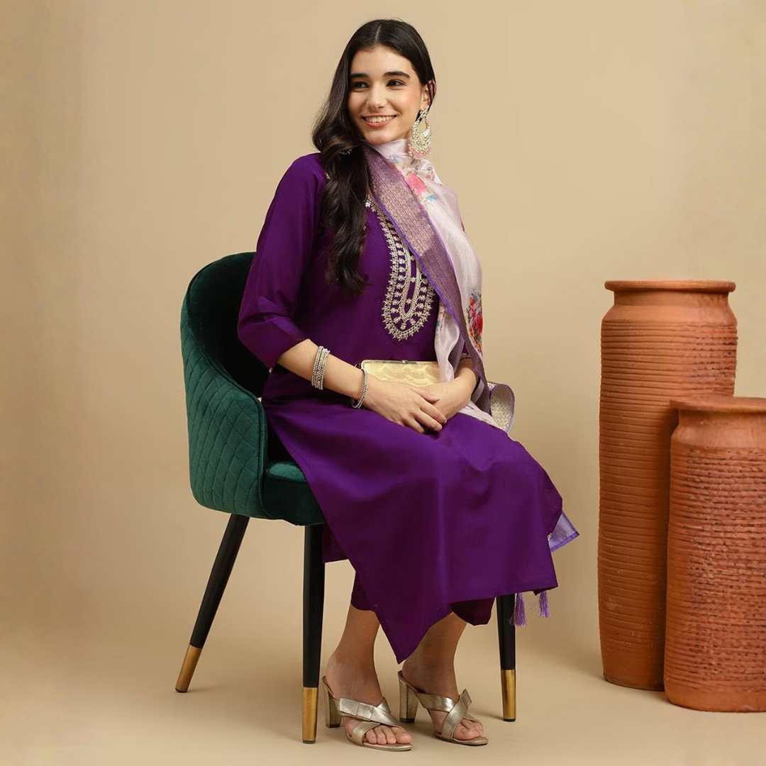 Elegant Embroidered Purple Kurta Set With Dupatta