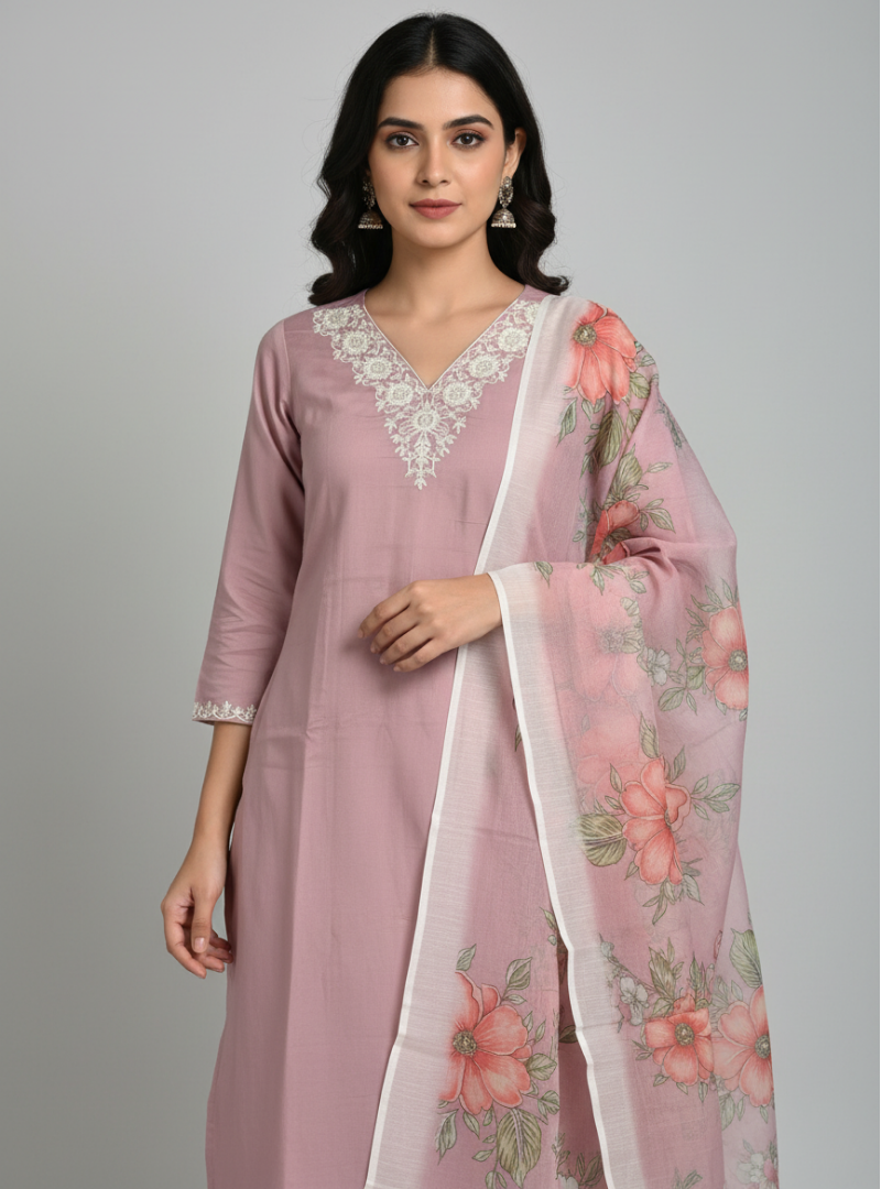 Mauve Embroidered Kurta Pant Set With Dupatta