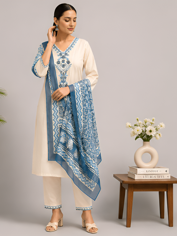 Embroidered Cotton Kurta Dupatta Set