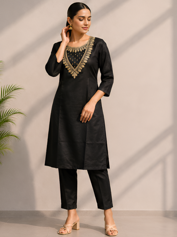 Elegant Black Zari Embroidered Kurta Pant Set