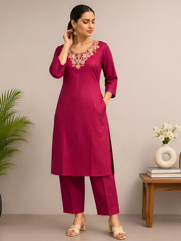 Embroidered Magenta Kurta & Pant Set