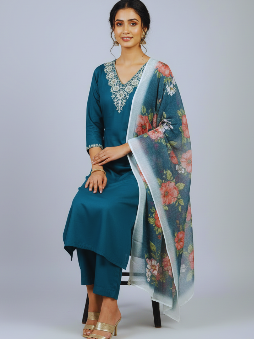 Teal Embroidered Kurta Set with Dupatta