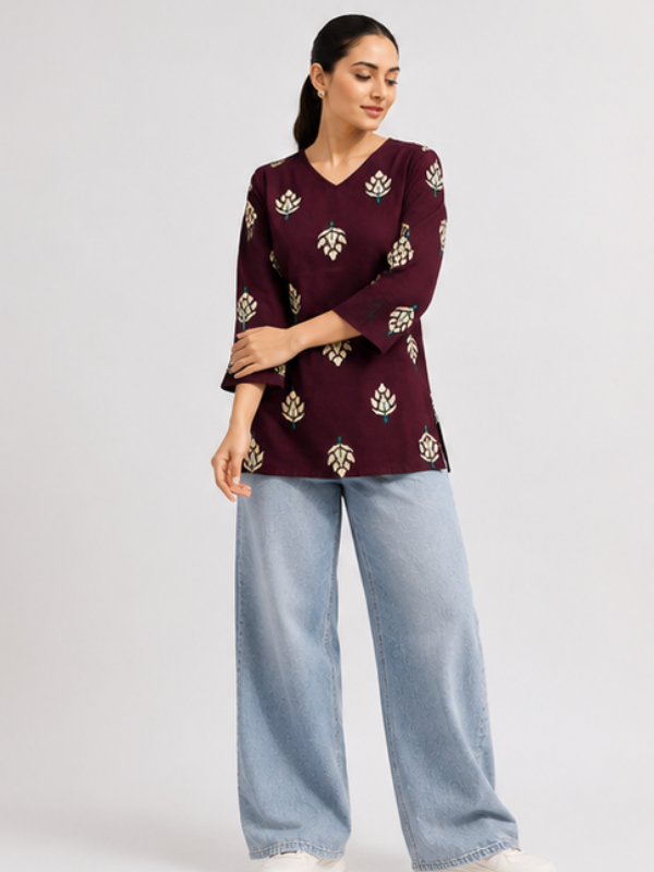 Burgundy Bloom Short Kurti