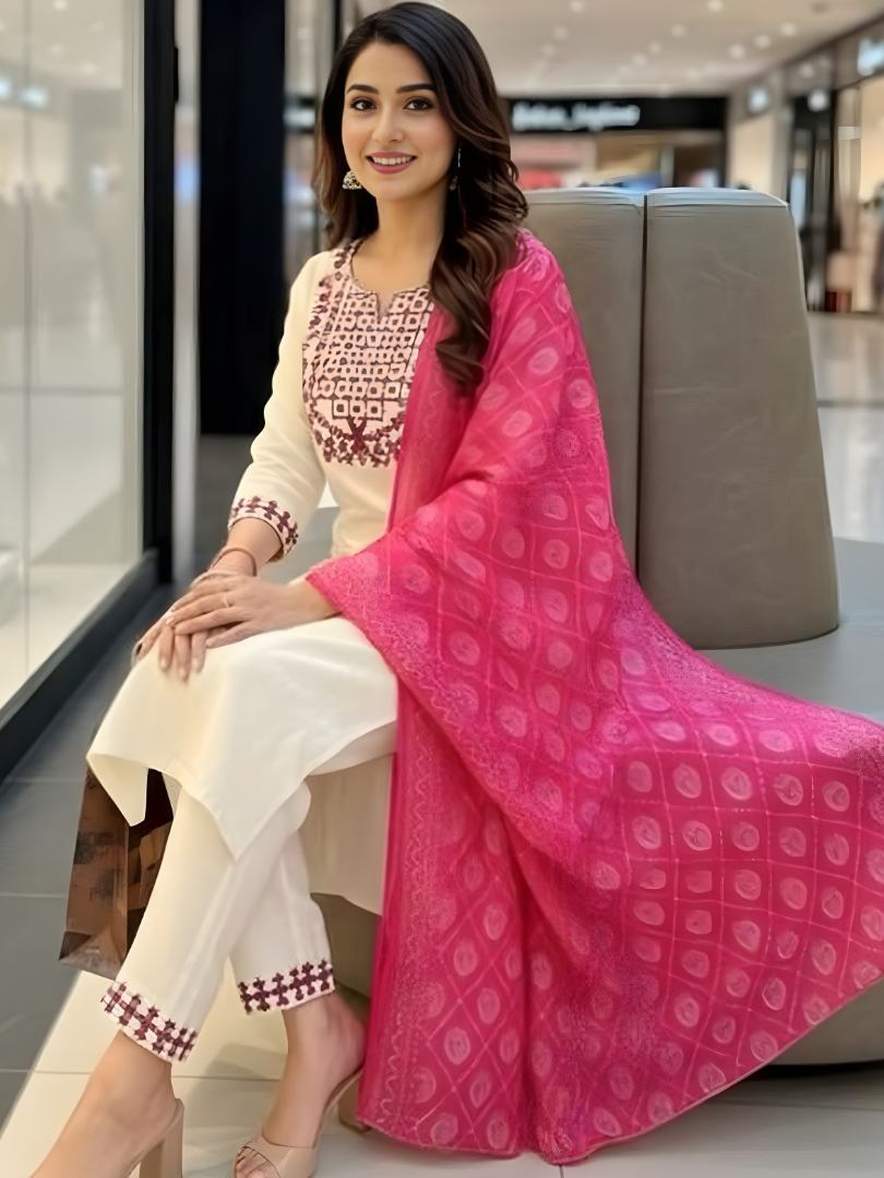 Embroidered Cream and Pink Kurta Set With Dupatta