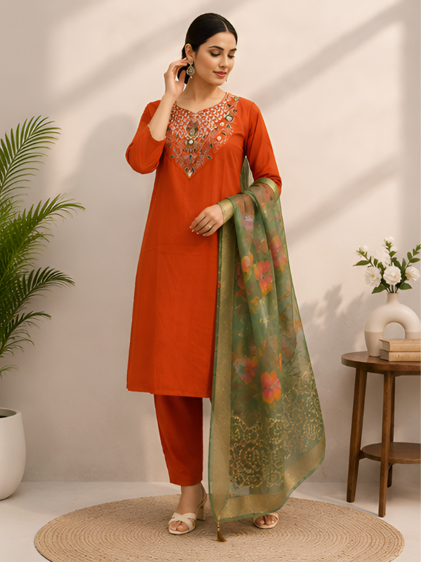 Embroidered Rust Orange Kurta Set With Dupatta