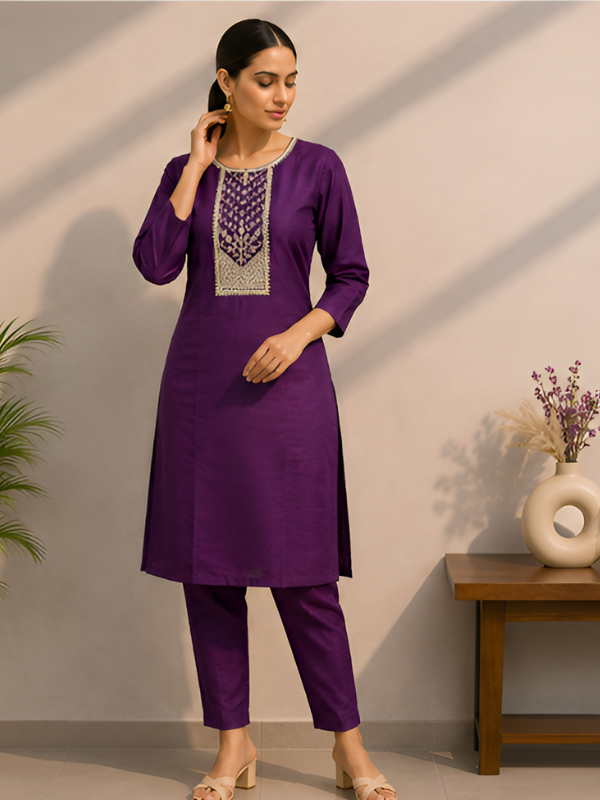 Women's Purple Embroidered Straight Kurta with Trousers Set