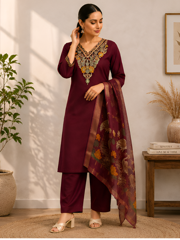 Embroidered Maroon Silk Kurta Set With Dupatta