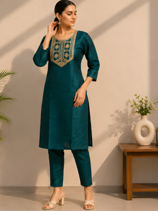 Women's Elegant Teal Embroidered Kurta Pant Set