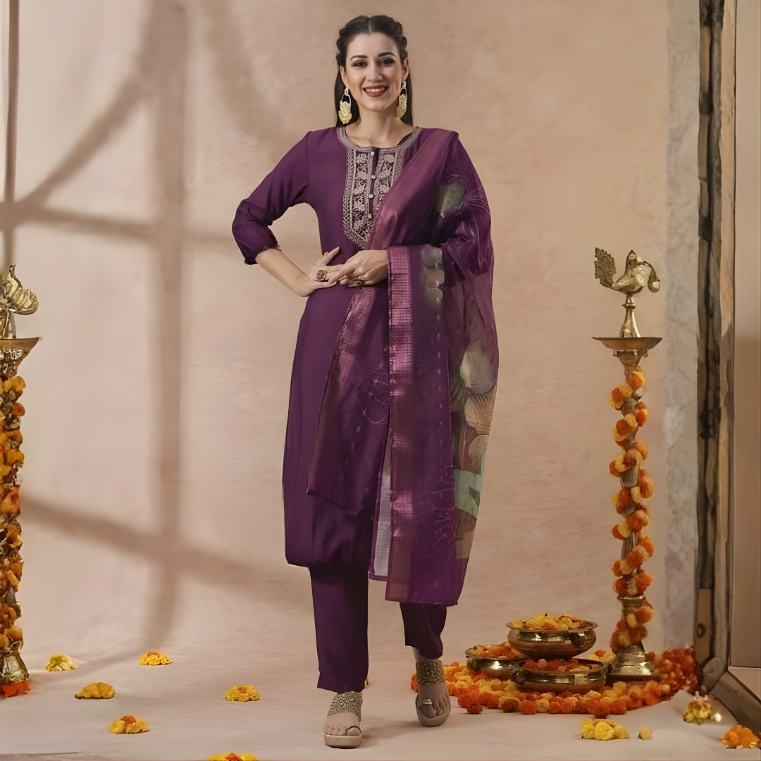 Embroidered Dark Purple Kurta Set With Dupatta