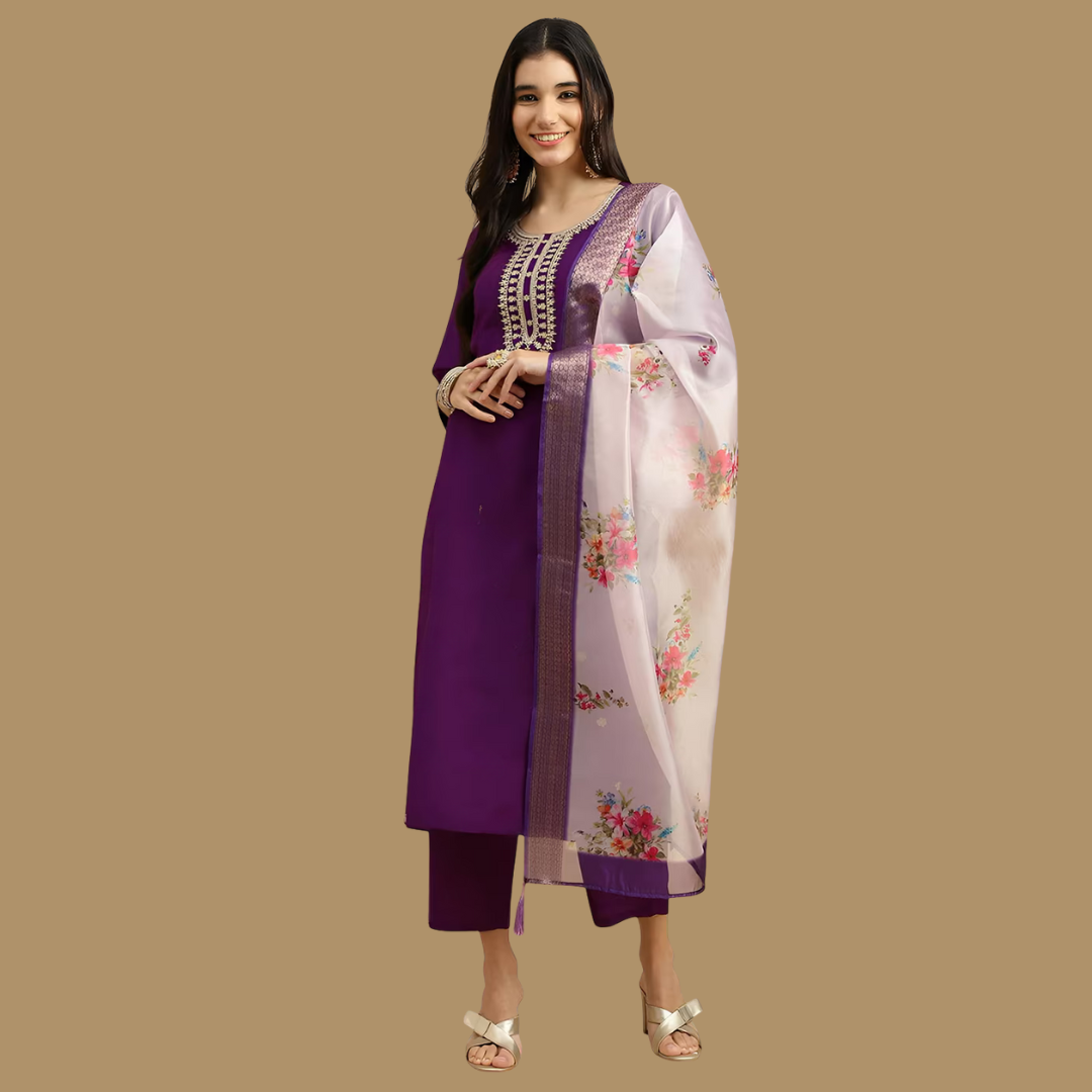 Elegant Embroidered Purple Kurta Set With Dupatta