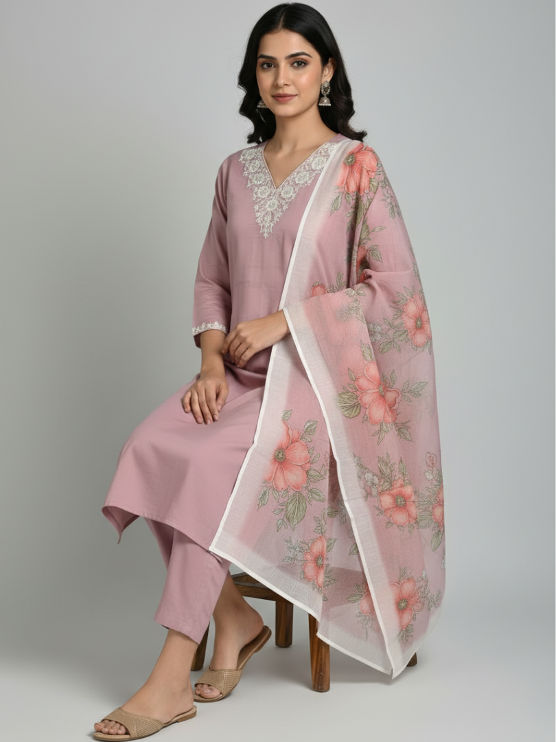 Mauve Embroidered Kurta Pant Set With Dupatta