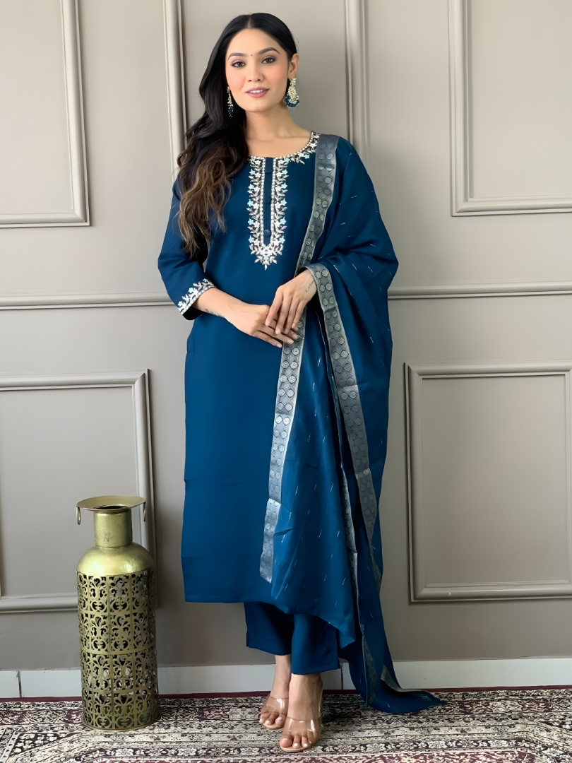 Teal Embroidered Kurta Pant Set With Dupatta