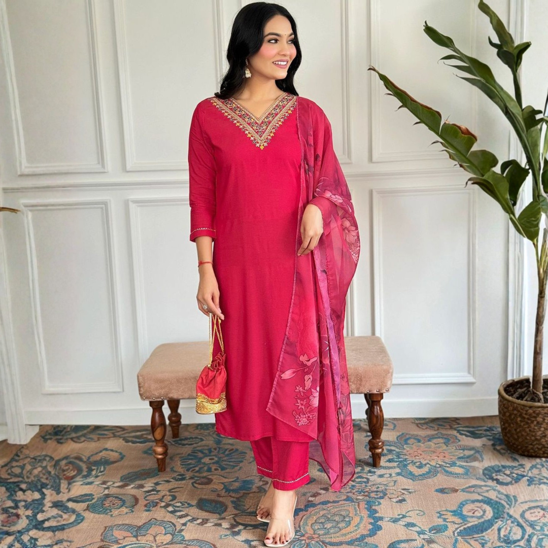 Pink Embroidered Rayon Kurta Set With Dupatta