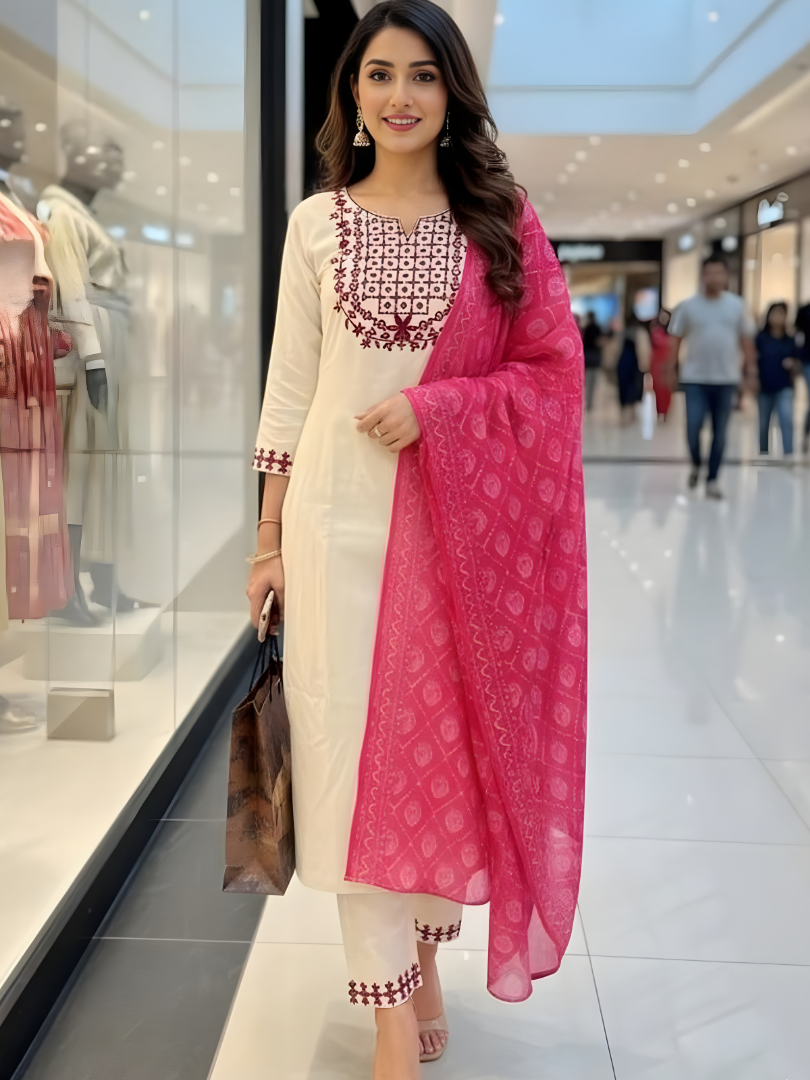 Embroidered Cream and Pink Kurta Set With Dupatta