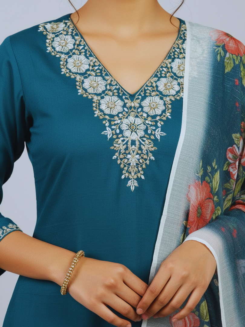 Teal Embroidered Kurta Set with Dupatta
